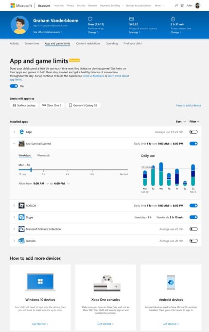 microsoft per app time limits