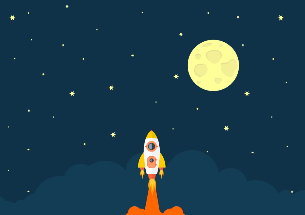 Cartoon of rocket taking off into night sky with big yellow moon.