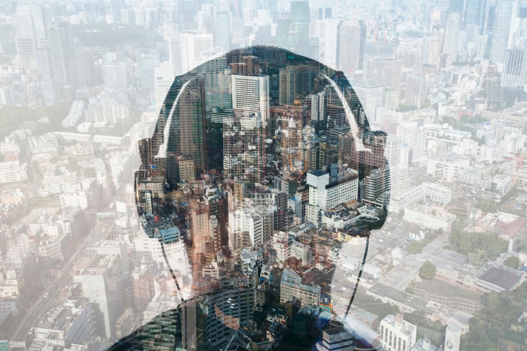 double exposure of man with headphones