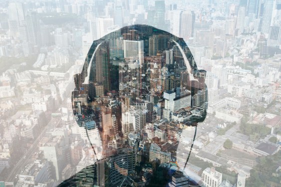 double exposure of man with headphones