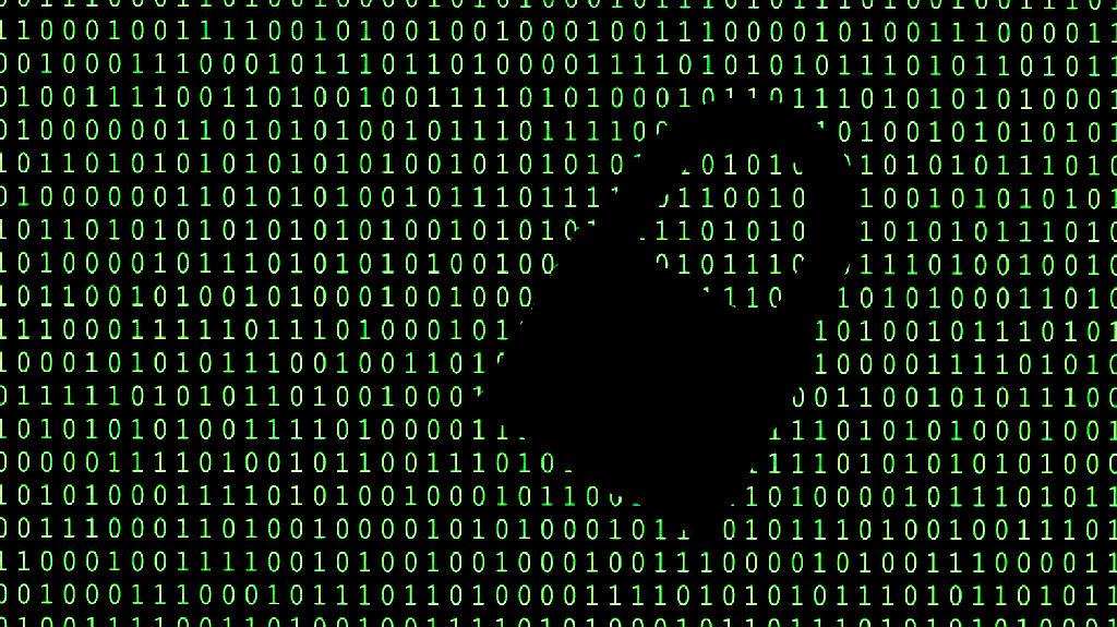an animated GIF of green binary code in the background flowing over a silhouette of a padlock