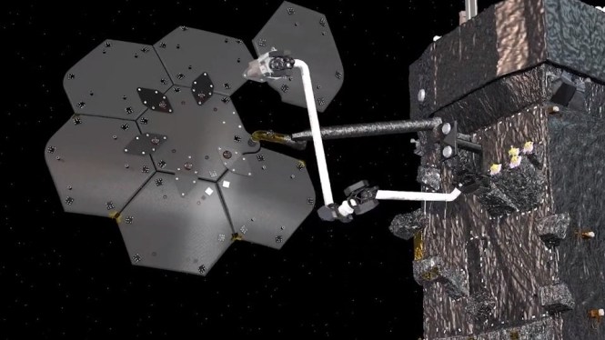 Computer generated image of the OSAM-1 mission assembling an antenna in space.