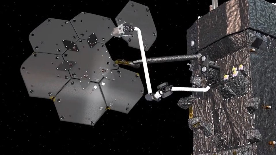 Computer generated image of the OSAM-1 mission assembling an antenna in space.
