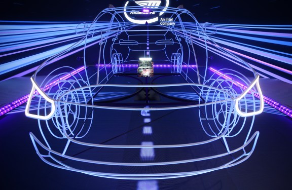 A display highlights Mobileye's autonomous driving technology at CES 2020 at the Las Vegas Convention Center on January 8, 2020 in Las Vegas, Nevada.