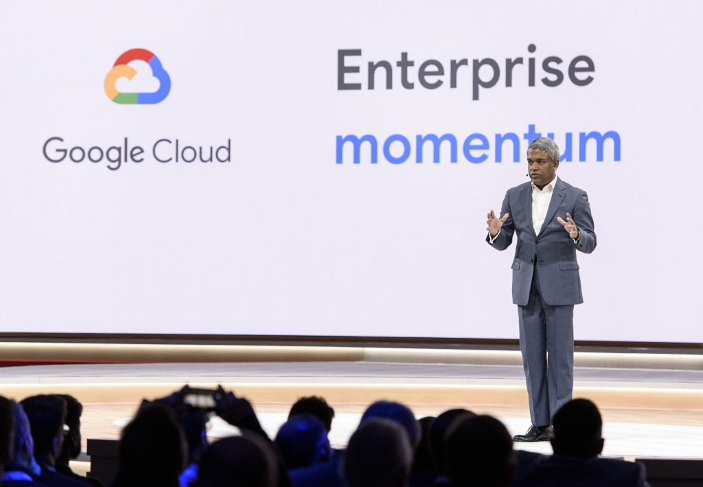 Thomas Kurian, chief executive officer of cloud services at Google LLC, speaks during the Google Cloud Next '19 event in San Francisco, California, U.S., on Tuesday, April 9, 2019. The conference brings together industry experts to discuss the future of cloud computing. Photographer: Michael Short/Bloomberg via Getty Images