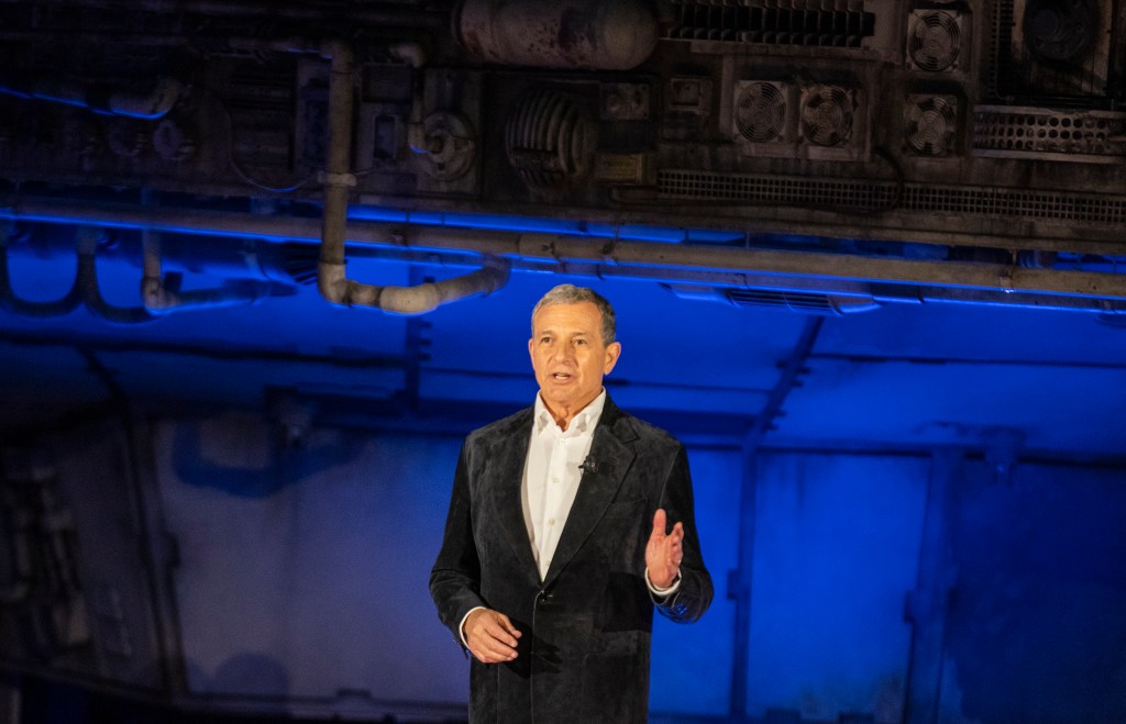 Bob Iger, CEO of The Walt Disney Company, speaks in front of the Millennium Falcon during the Star Wars: Galaxy's Edge unveiling event at the Disneyland Resort in Anaheim, Calif.