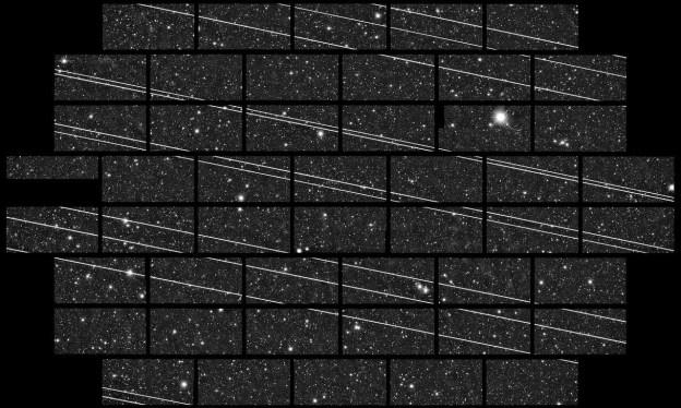 Starlink satellites streak through a telescope's observations.