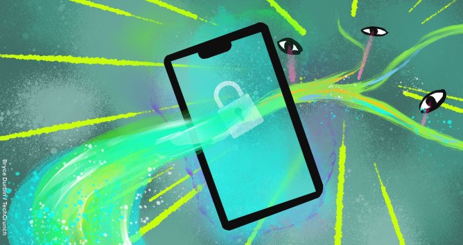 an illustration of a green and blue stream of data flowing through a cell phone