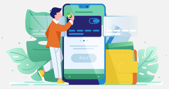 Young wealthy man pays card using mobile payment