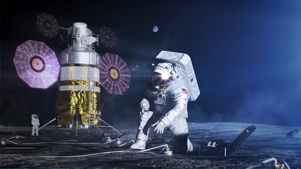 An astronaut works on the lunar surface in this CG illustration.