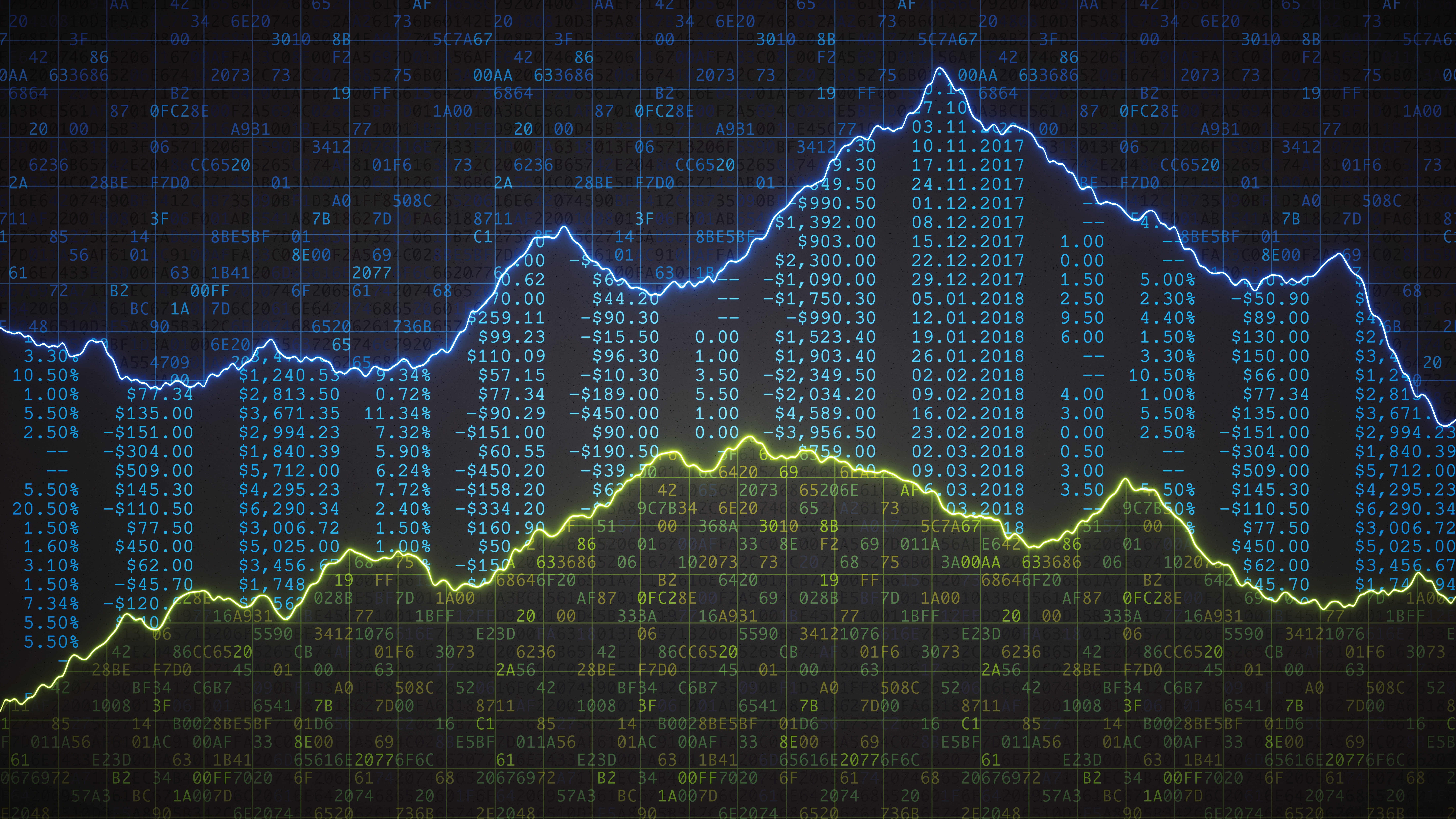 A front view on multiple spreadsheets containing binary computer data, financial figures and graph lines.