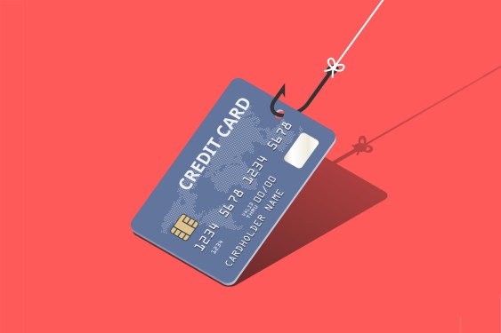 an illustrated photo of a credit card with a fishing hook attached, on a red background