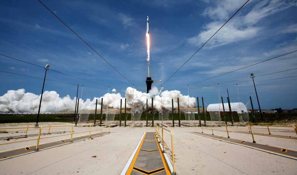 SpaceX Falcon-9 Rocket and Crew Dragon capsule launches from Cape Canaveral.