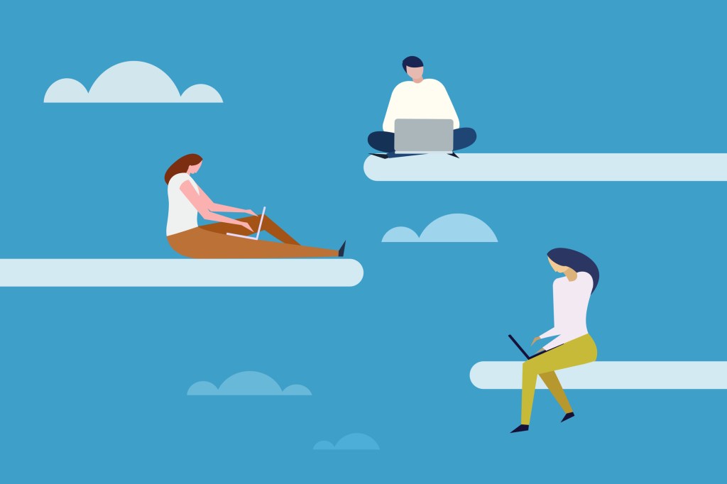 People work with laptop in open sky. Concept for cloud computing