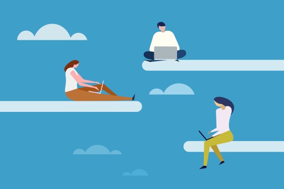 People work with laptop in open sky. Concept for cloud computing