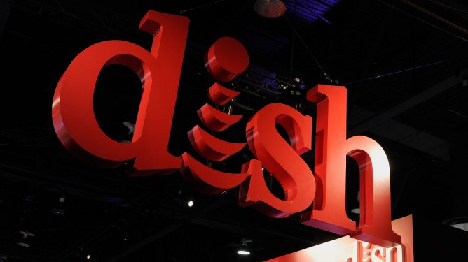 Dish logo in red on a black background