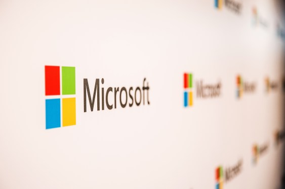 The logo of Microsoft Corp. is displayed at the company's Office and Experience Center in Hong Kong, China.