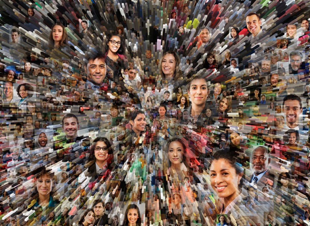 Social media portraits combined with zooming pillars creates a big data and social media concept photo.