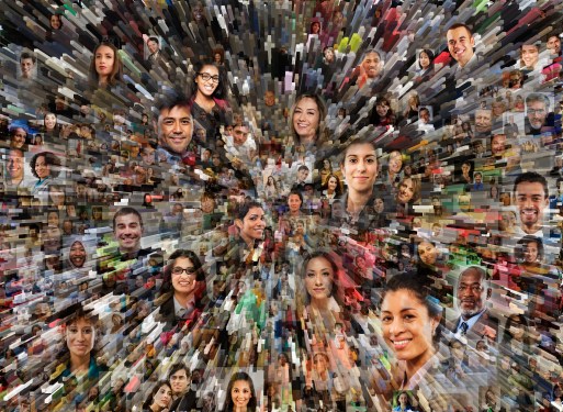 Social media portraits combined with zooming pillars creates a big data and social media concept photo.