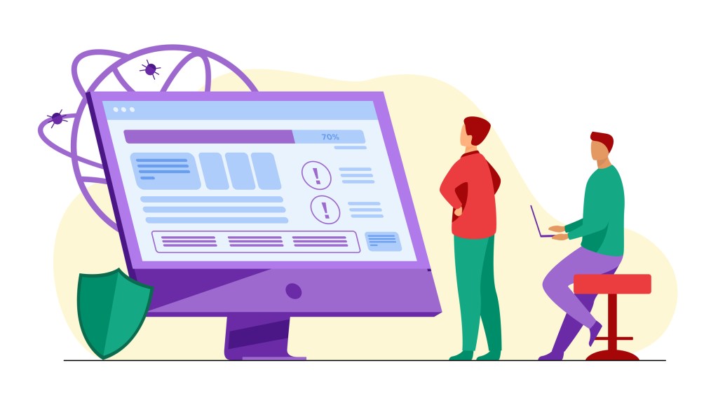 Developers testing software. Man with laptops watching infographics, fixing bugs, using computer. Vector illustration for application, programming, coding concept
