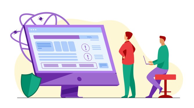 Developers testing software. Man with laptops watching infographics, fixing bugs, using computer. Vector illustration for application, programming, coding concept