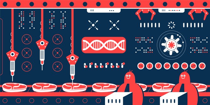 Illustration depicting team making cultured meat in a factory with production line.