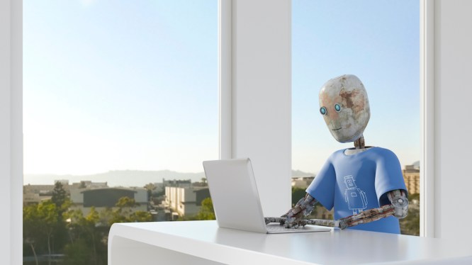 Roboter arbeitet an Laptop, 3D rendering, digital generiert, Roboter, Laptop, Verbindung, Netzwerk, Business, Arbeit, technisch, kunstlich, Technologie, futuristisch, Vision, Ersatz fur Menschen, fotorealistisch, Maschine, Innovation, beobachten,