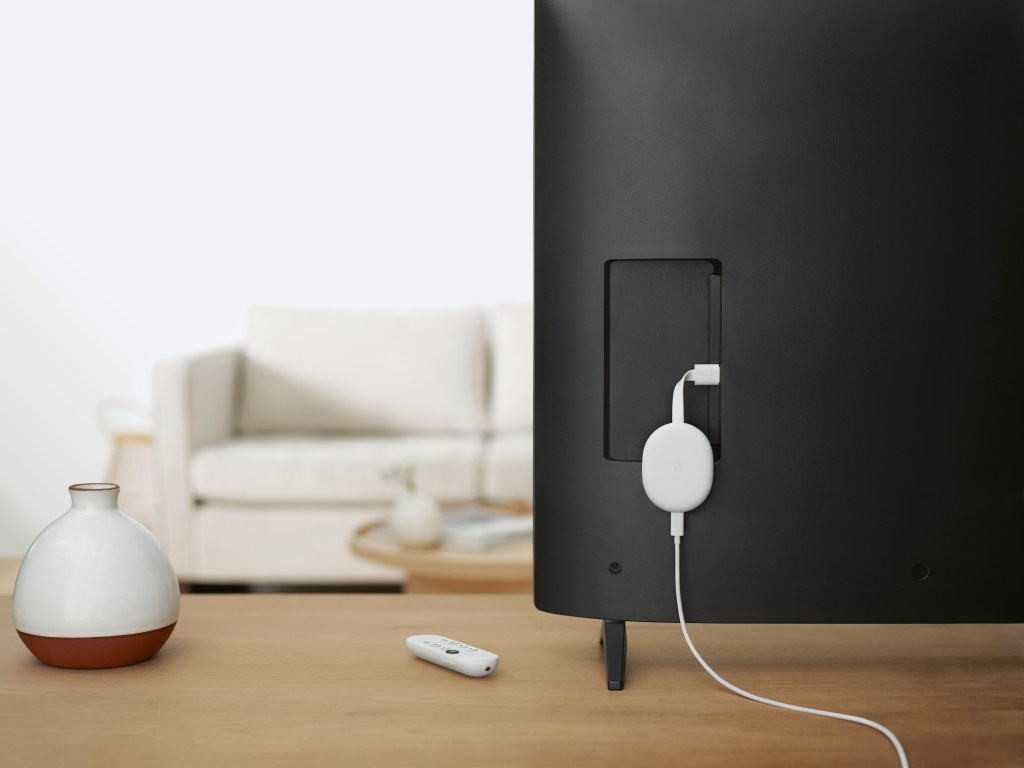 back of a TV in living room; Chromecast with Google TV