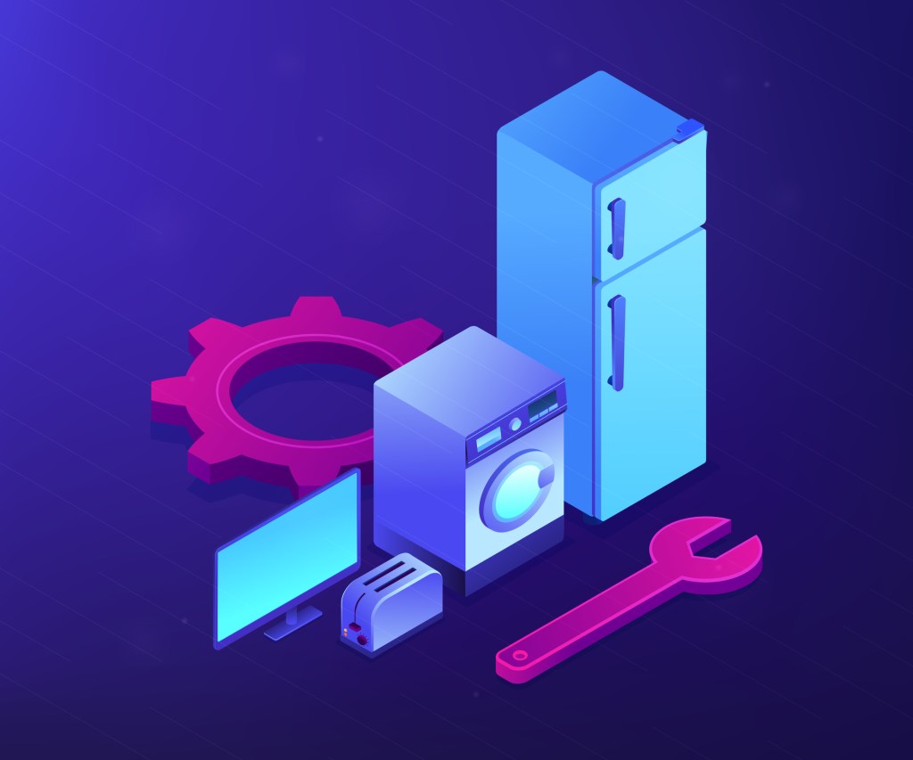 Broken fridge, washing machine, TV and toaster repair. Repair of household appliances, smart TV service, household master services concept. Ultraviolet neon vector isometric 3D illustration.