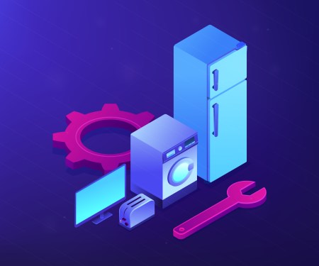 Broken fridge, washing machine, TV and toaster repair. Repair of household appliances, smart TV service, household master services concept. Ultraviolet neon vector isometric 3D illustration.