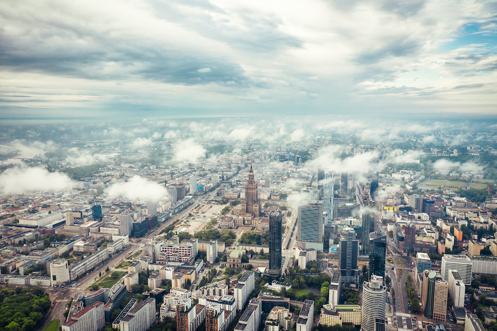 Drone photo of the Palace of Culture and Science in Warsaw, the capital city of Poland. Photo taken on 19/05/2019