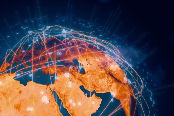 A digital illustration showing a global network connecting Africa and Asia, based on a NASA image