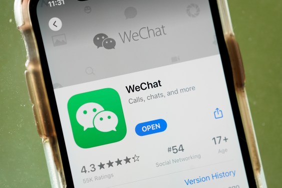 In this photo illustration, the WeChat app is displayed in the App Store on an Apple iPhone.