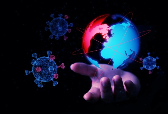 Abstract hand hold 3D virus globe illustration digital innovation futuristic technology transform evolution New normal after coronavirus crisis world life change furnished from Nasa Map (Abstract hand hold 3D virus globe illustration digital innovatio