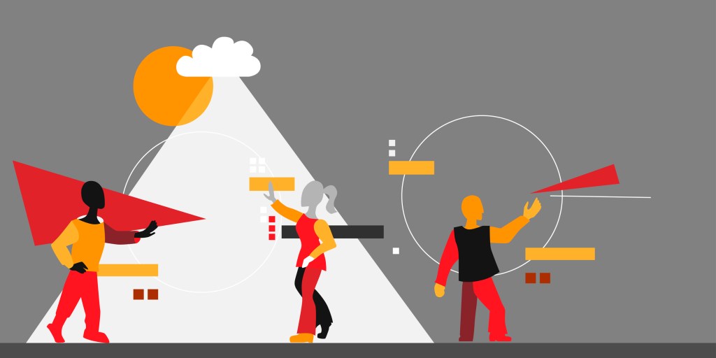 Teamwork, working process in a group of people, abstract composition in the style of avant-garde or abstract art. Brainstorming and people-to-team interaction, concept, angular style