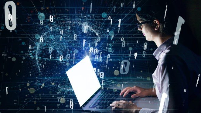 Woman using laptop and digital communication network concept.