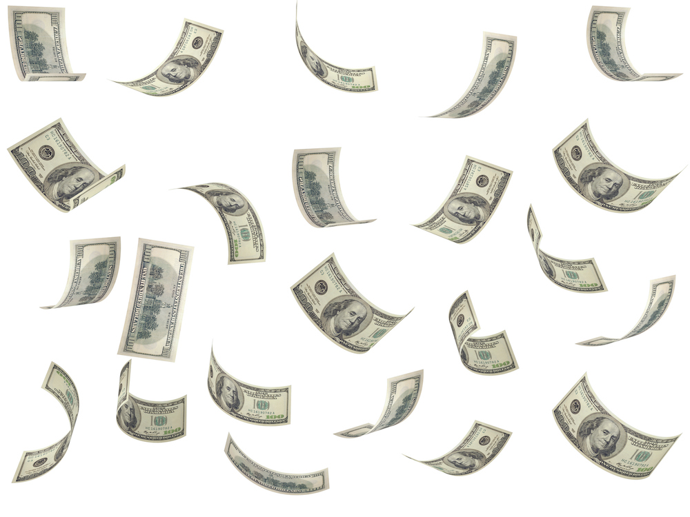 one hundred dollar bills falling from sky