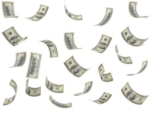 one hundred dollar bills falling from sky