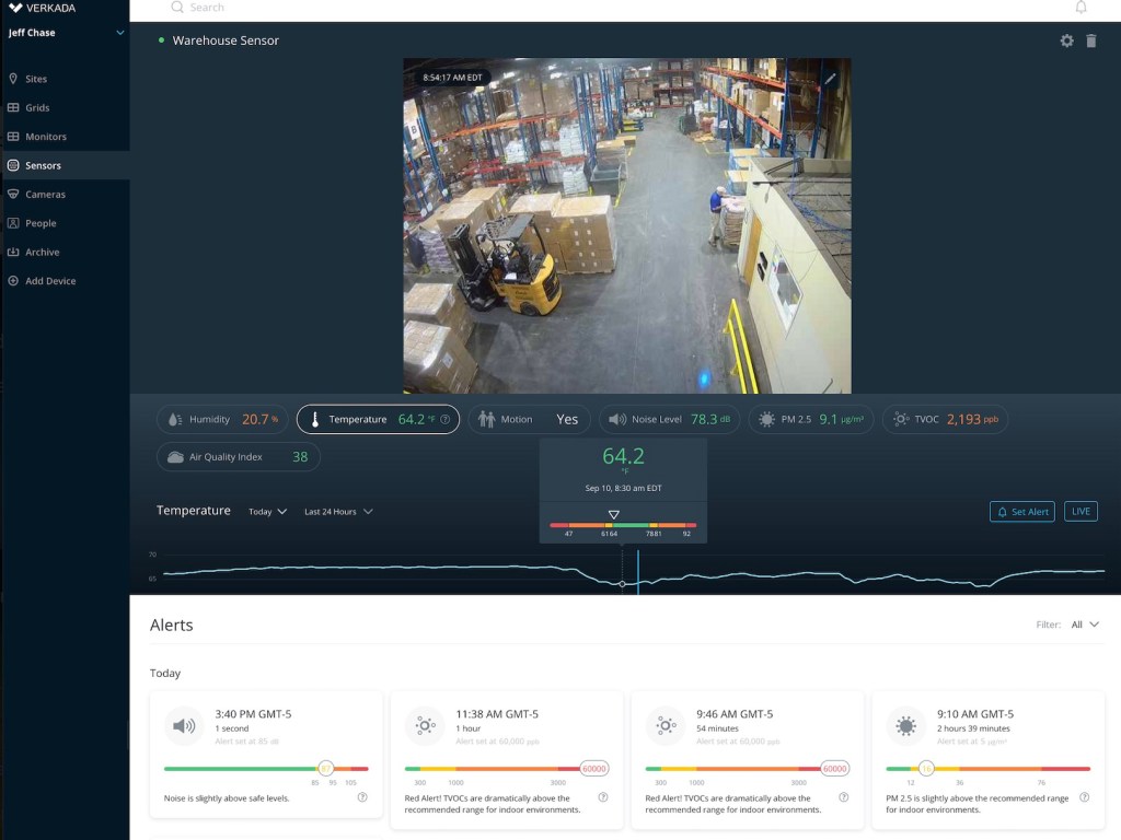 Verkada command console showing environmental sensor data