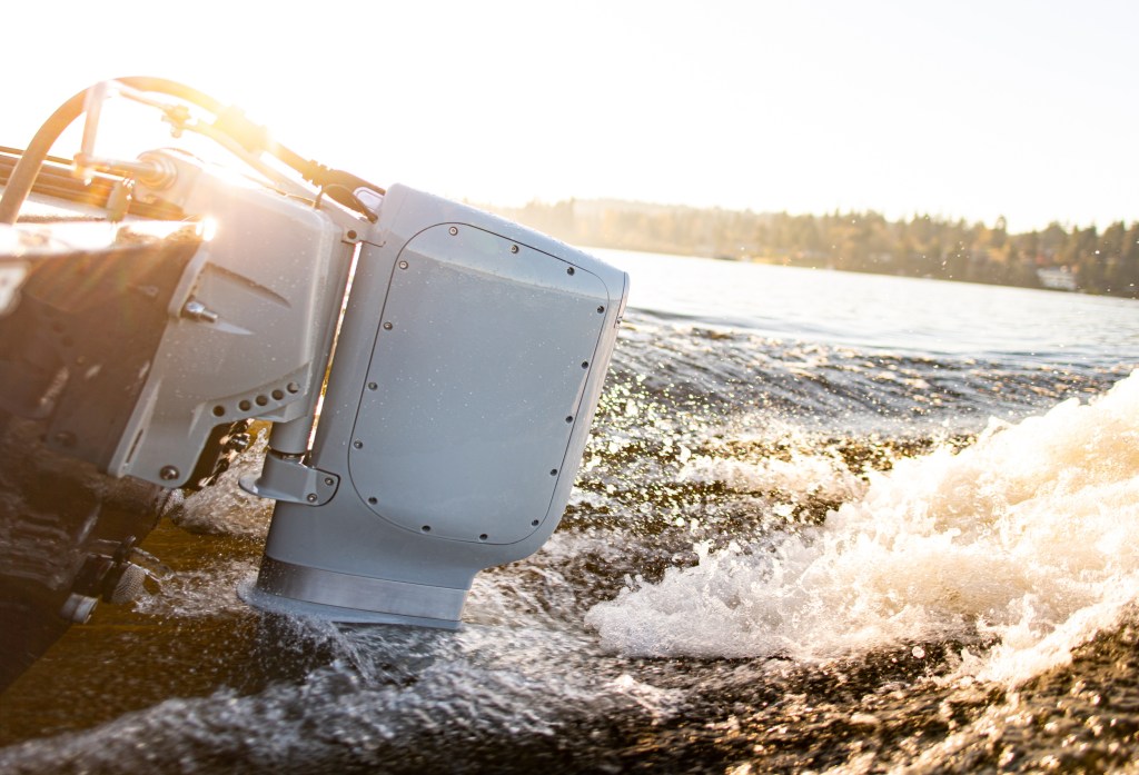 Pure Watercraft's electric outboard motor in the water.