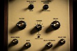 Dials on the Theremin Claravox Centennial, a wood and brass electronic instrument