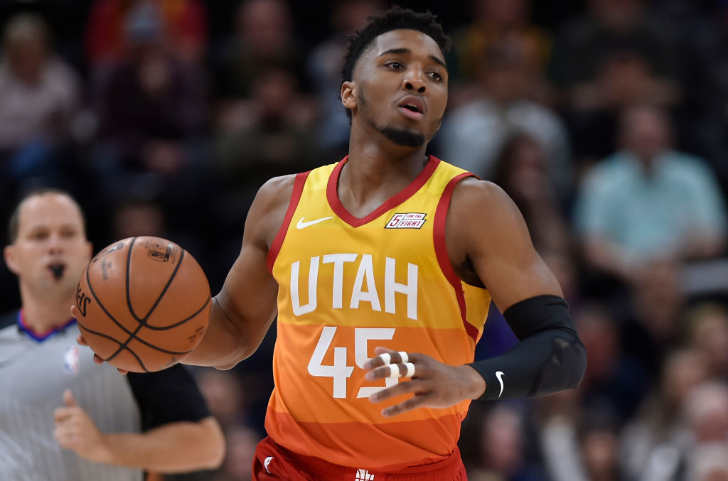 SALT LAKE CITY, UT - APRIL 09: Donovan Mitchell #45 of the Utah Jazz brings the ball up court against the Denver Nuggets in the first half of a NBA game at Vivint Smart Home Arena on April 09, 2019 in Salt Lake City, Utah. NOTE TO USER: User expressly acknowledges and agrees that, by downloading and or using this photograph, User is consenting to the terms and conditions of the Getty Images License Agreement. (Photo by Gene Sweeney Jr./Getty Images)