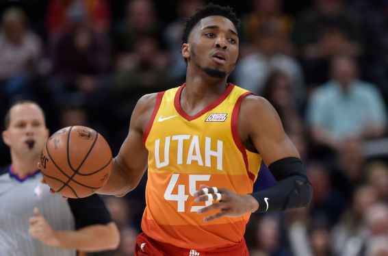 SALT LAKE CITY, UT - APRIL 09: Donovan Mitchell #45 of the Utah Jazz brings the ball up court against the Denver Nuggets in the first half of a NBA game at Vivint Smart Home Arena on April 09, 2019 in Salt Lake City, Utah. NOTE TO USER: User expressly acknowledges and agrees that, by downloading and or using this photograph, User is consenting to the terms and conditions of the Getty Images License Agreement. (Photo by Gene Sweeney Jr./Getty Images)