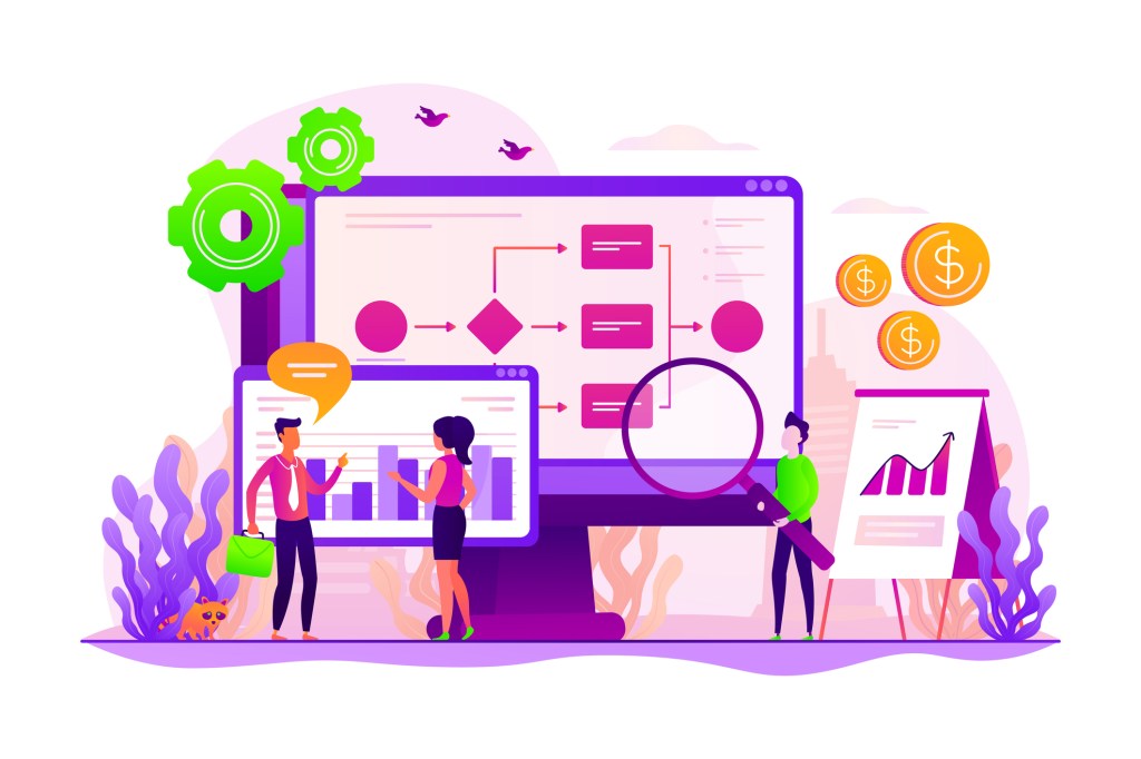 Sap solution management. Business process organization and analytics. Business process visualization and representation, automated workflow system concept. Vector concept creative illustration