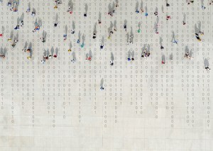Crowd walking over binary code
