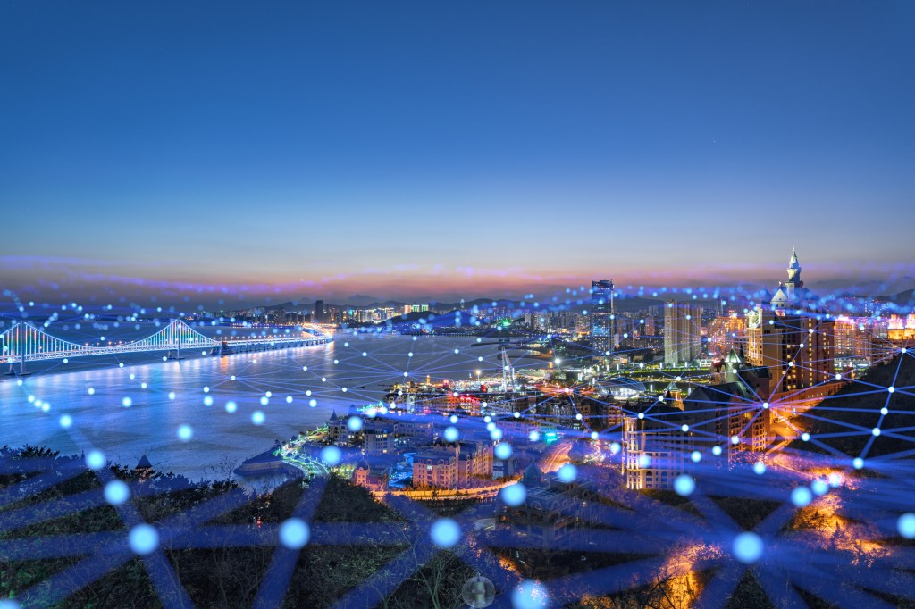 City with points on a network superimposed to show wide area network.