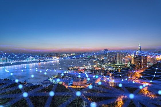 City with points on a network superimposed to show wide area network.