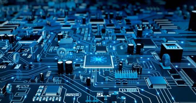 High angle view of a futuristic circuit board. Created exclusively for iStockphoto.