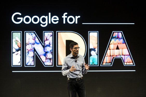 Sundar Pichai, chief executive officer of Google Inc., speaks during the 'Google for India' event in New Delhi, India, on Wednesday, Dec. 16, 2015.