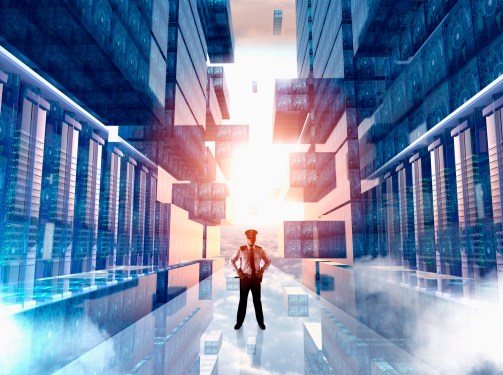 Security officer guarding virtual server room